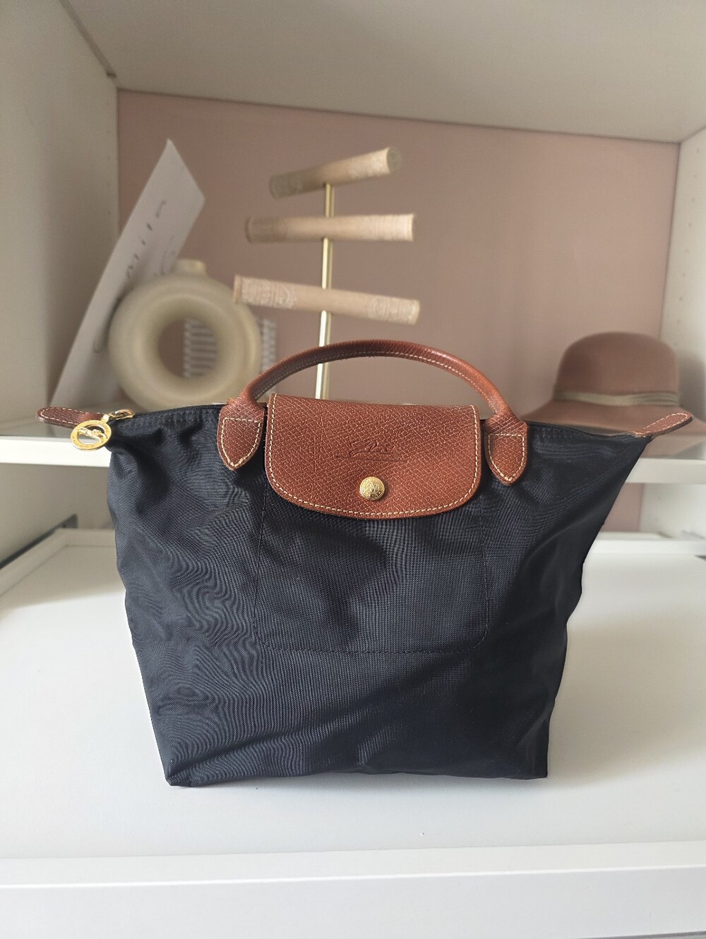 Longchamp Nylon Small Tote in Black with Brown Trim